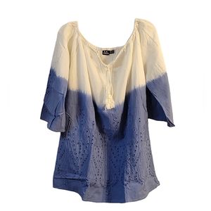 S.R. Fashion Bohemian Peasant White Blue Ombre Crochet Accented Blouse